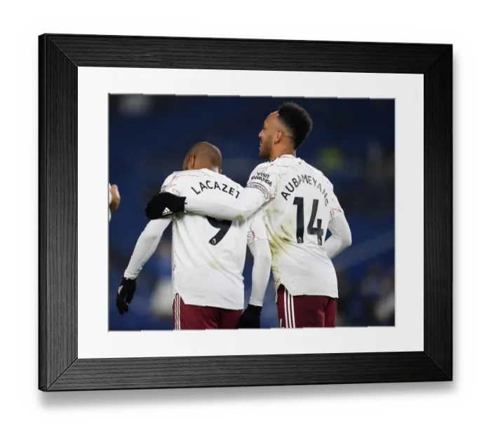 Framed Print : Arsenal Stars Lacazette and Aubameyang Celebrate Goal in Brighton Victory