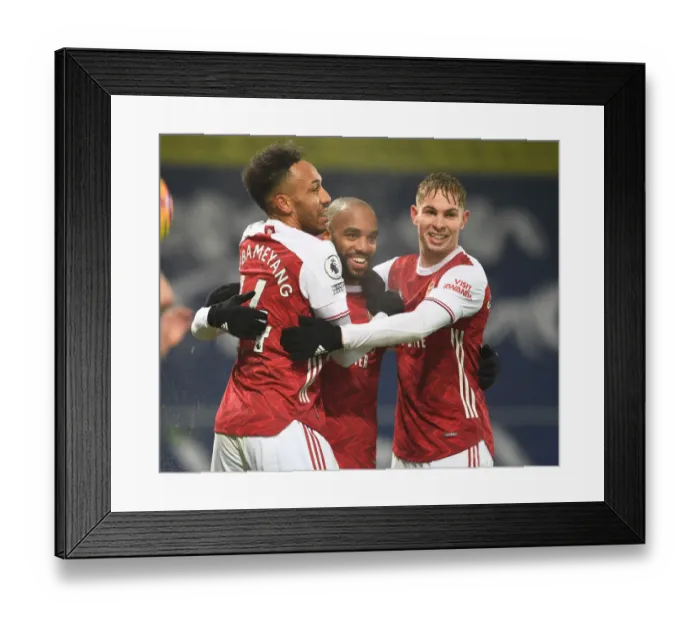 Framed Print : Four Glorious Goals: Lacazette, Aubameyang, and Smith Rowe's Triumphant Celebration Against West Bromwich Albion (January 2, 2021) Framed Print : Four Glorious Goals: Lacazette, Aubameyang, and Smith Rowe's Triumphant Celebration Against West Bromwich Albion (January 2, 2021)