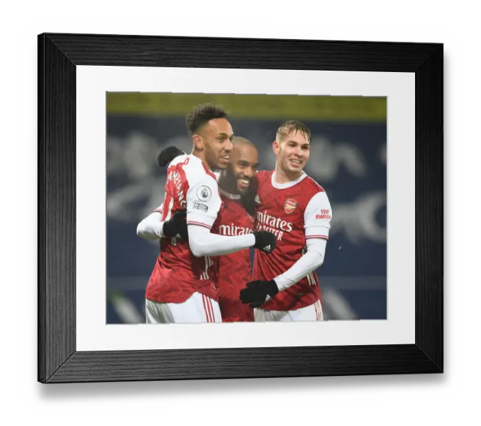 Framed Print : Arsenal's Lacazette, Aubameyang, and Smith Rowe Celebrate Goals Against West Bromwich Albion (January 2021)