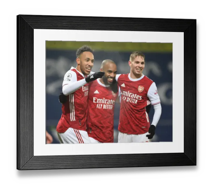 Framed Print : Four Glorious Goals: Lacazette, Aubameyang, and Smith Rowe's Euphoric Celebration Against West Bromwich Albion (January 2, 2021) Framed Print : Four Glorious Goals: Lacazette, Aubameyang, and Smith Rowe's Euphoric Celebration Against West Bromwich Albion (January 2, 2021)