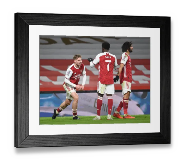 Framed Print : Arsenal's Smith Rowe and Saka Celebrate First Goal vs. Newcastle United in FA Cup Third Round