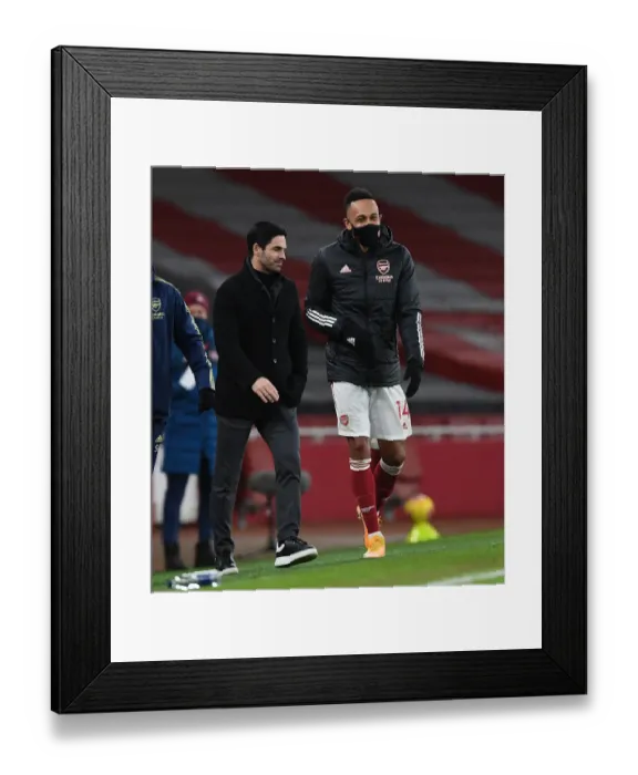 Framed Print : Arsenal's Mikel Arteta and Pierre-Emerick Aubameyang Celebrate Win Against Newcastle United in Empty Emirates Stadium (Arsenal v Newcastle United 2021)