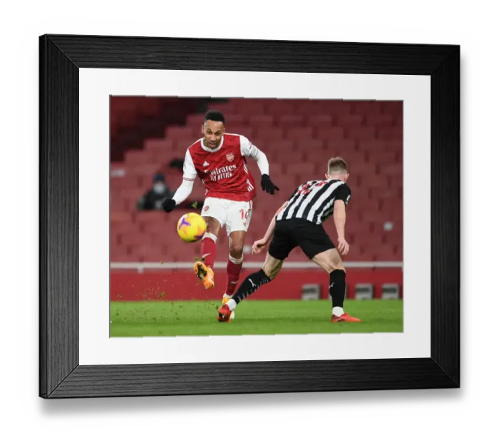 Framed Print : Arsenal's Aubameyang Scores Bend-It Goal Against Newcastle in Empty Emirates Stadium (2020-21)