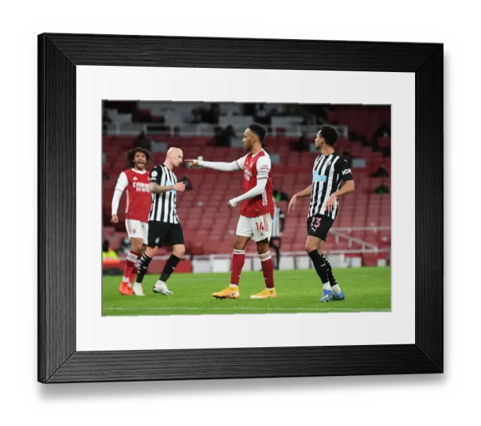 Framed Print : Arsenal's Aubameyang Scores Third Goal vs. Newcastle United (2021) Framed Print : Arsenal's Aubameyang Scores Third Goal vs. Newcastle United (2021)