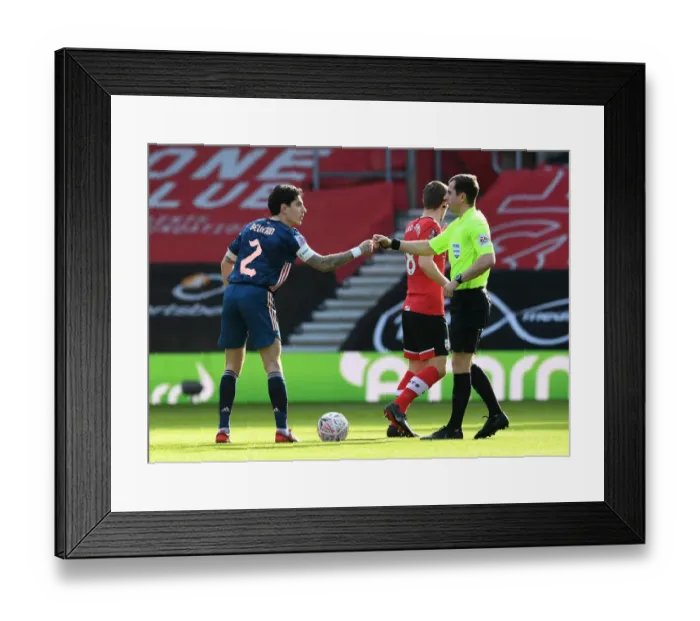 Framed Print : Arsenal's Bellerin Fists Ref before Empty Southampton FA Cup Match