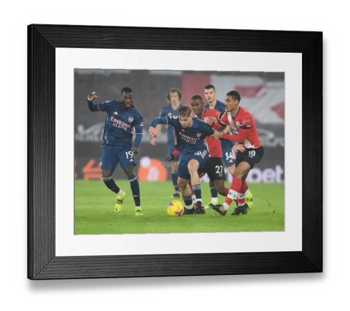 Framed Print : Pepe and Smith Rowe Face Valery and Diallo in Empty Southampton Stadium - Southampton vs Arsenal, Premier League 2021 Framed Print : Pepe and Smith Rowe Face Valery and Diallo in Empty Southampton Stadium - Southampton vs Arsenal, Premier League 2021
