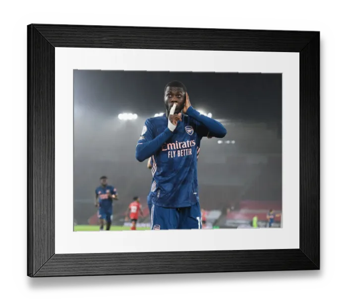 Framed Print : Pepe Scores First Goal: Southampton vs. Arsenal in Empty St. Mary's Stadium (Premier League, 2021)
