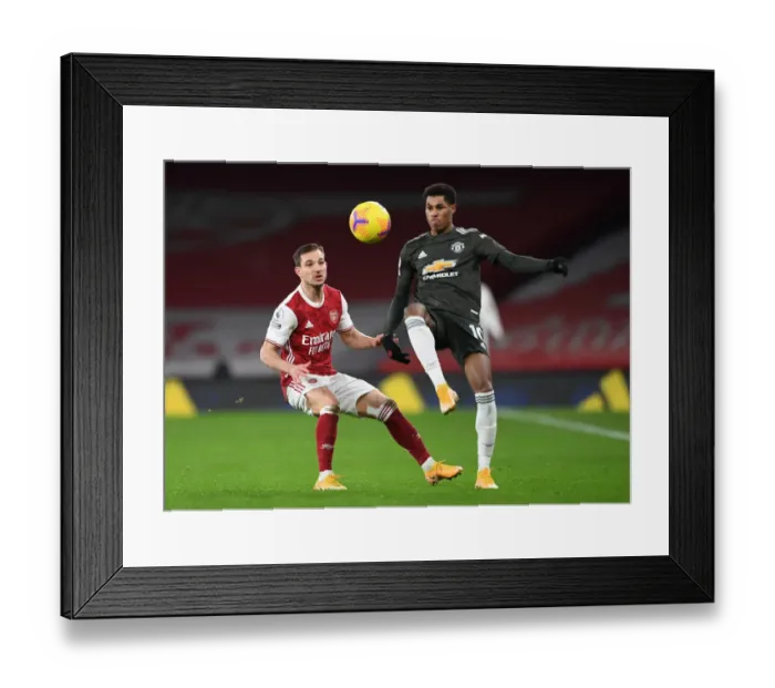Framed Print : Arsenal vs Manchester United: Cedric Soares Closes Down Rashford in Empty Emirates Stadium, Premier League 2020-21