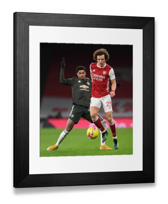 Framed Print : David Luiz vs Marcus Rashford: A Battle for the Ball in Empty Emirates Stadium - Arsenal vs Manchester United, Premier League 2020-21