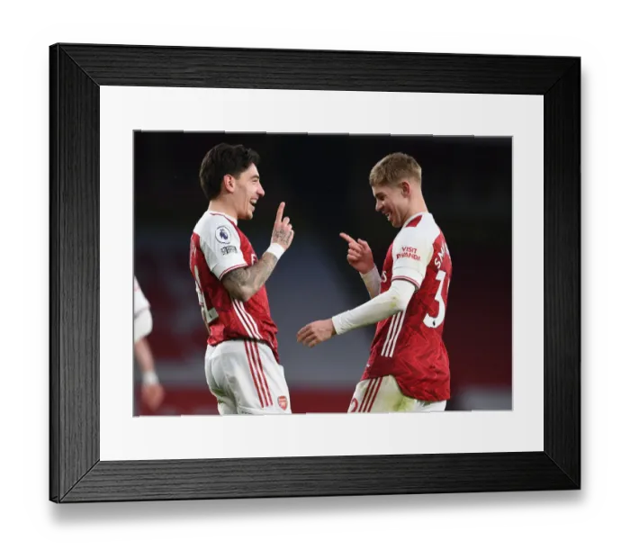 Framed Print : Arsenal's Hector Bellerin and Emile Smith Rowe Celebrate Goals Against Leeds United
