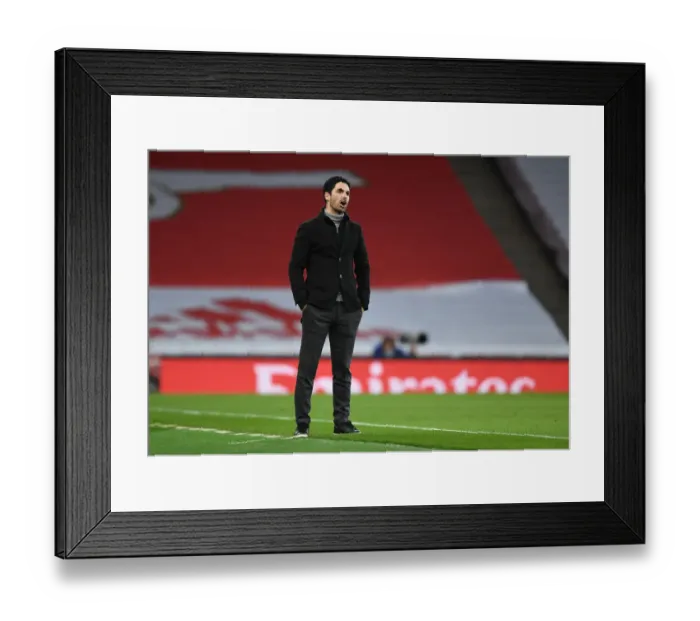 Framed Print : Mikel Arteta Alone at Emirates: Arsenal vs Manchester City, Empty Premier League Stadium, 2021