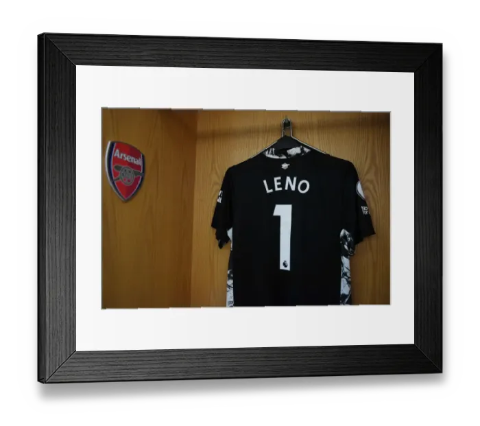 Framed Print : Empty Arsenal: Bernd Leno's Hanging Shirt in Quiet Emirates Stadium - Arsenal vs Manchester City (2021)