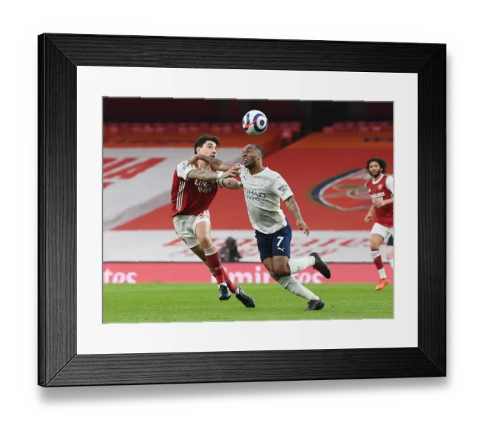 Framed Print : Arsenal vs Manchester City: Hector Bellerin Challenges Raheem Sterling in Empty Emirates Stadium, Premier League 2020-21