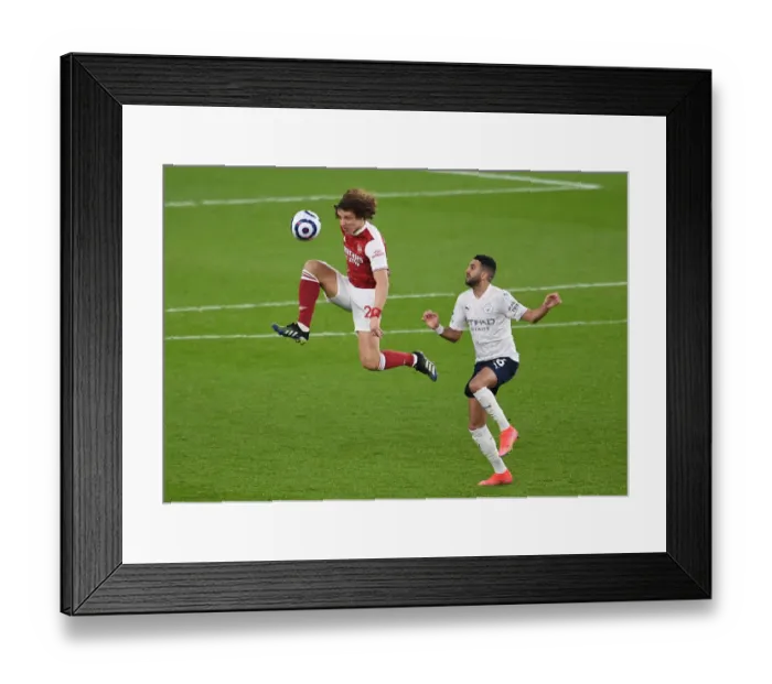 Framed Print : David Luiz Fends Off Mahrez: Arsenal vs Manchester City, Premier League 2021 (Behind Closed Doors)