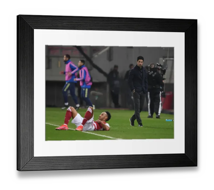 Framed Print : Arsenal Manager Mikel Arteta Watches as Aubameyang is Fouled in Arsenal v SL Benfica Europa League Clash