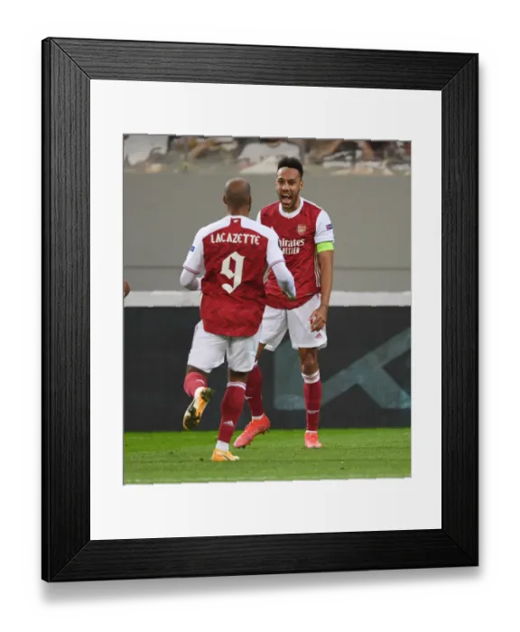 Framed Print : Arsenal's Aubameyang and Lacazette Celebrate Goals in Europa League Victory over SL Benfica