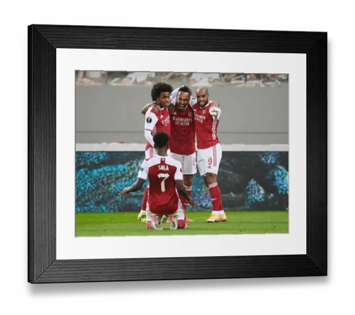 Framed Print : Arsenal Celebrate Aubameyang's Goal: Arsenal FC vs SL Benfica, UEFA Europa League 2020-21