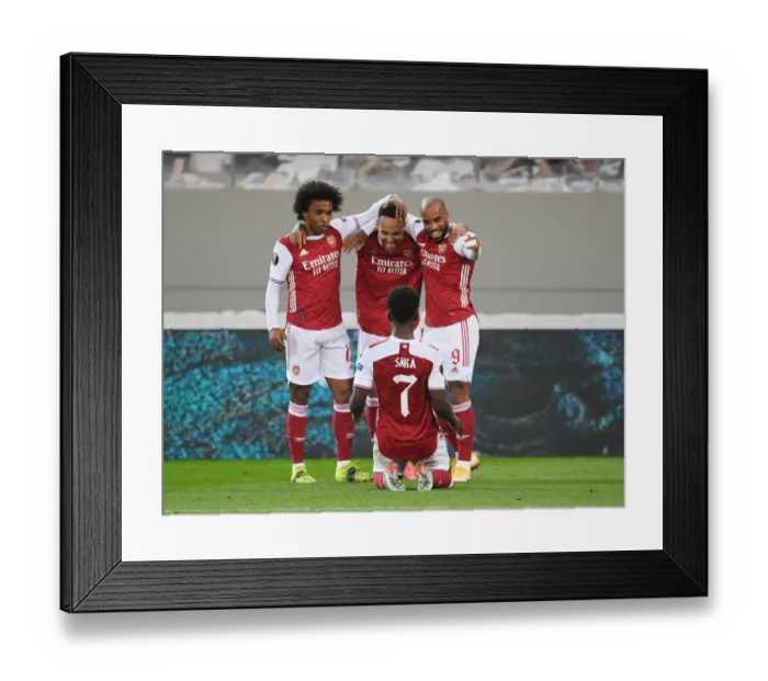 Framed Print : Arsenal's Aubameyang, Lacazette, and Saka Celebrate Goals in Europa League Victory over SL Benfica