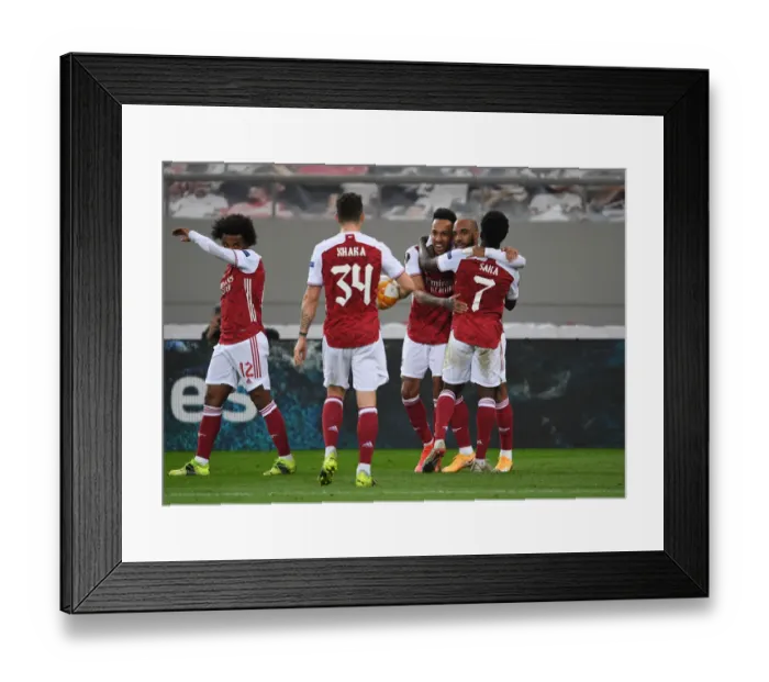 Framed Print : Triumphant Trio: Aubameyang, Lacazette, and Saka's Goal Celebration in Arsenal's Europa League Victory over SL Benfica Framed Print : Triumphant Trio: Aubameyang, Lacazette, and Saka's Goal Celebration in Arsenal's Europa League Victory over SL Benfica
