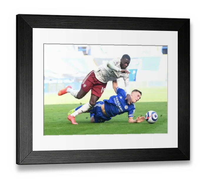 Framed Print : Pepe Fouls: Leicester vs. Arsenal, Premier League 2021 (Behind Closed Doors)