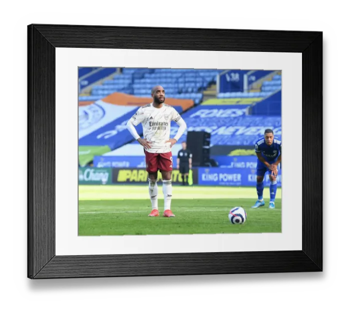 Framed Print : Arsenal's Lacazette Awaits VAR Decision in Empty Leicester Stadium (Leicester City vs Arsenal, Premier League 2021)
