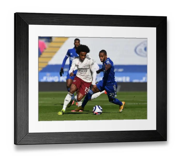 Framed Print : Willian vs Ricardo Pereira: Battle at The King Power Stadium - Leicester City vs Arsenal, Premier League 2020-21