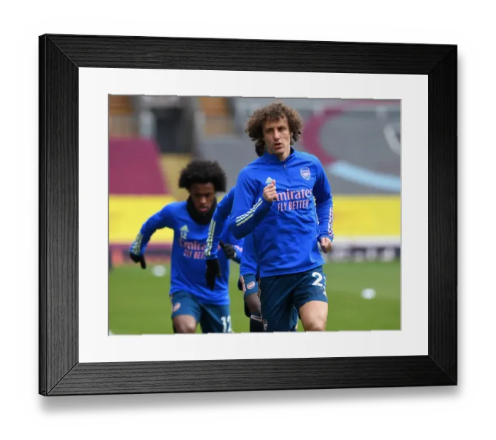 Framed Print : Arsenal's David Luiz Warming Up: Burnley vs Arsenal, Premier League 2021 (Behind Closed Doors)