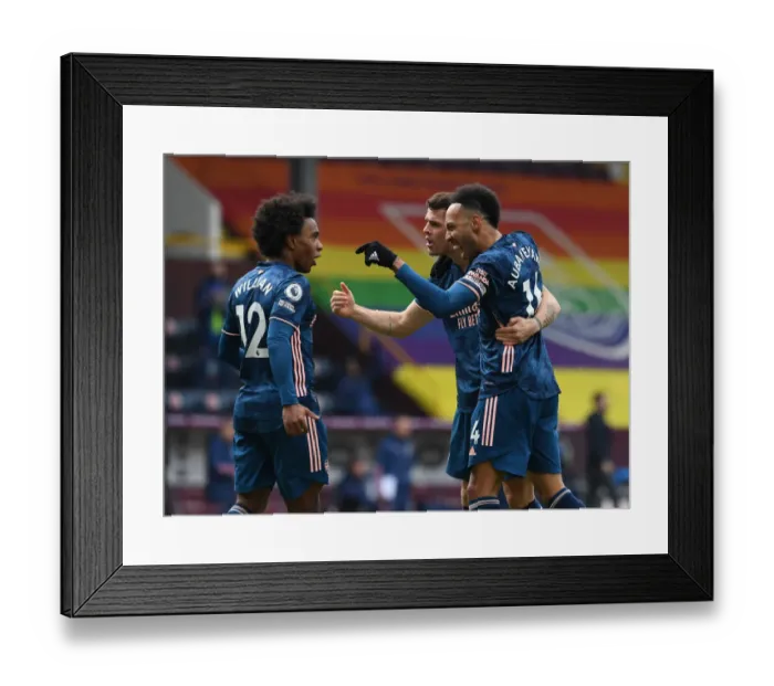 Framed Print : Aubameyang, Xhaka, and Willian Celebrate Goal for Arsenal Against Burnley in Empty Turf Moor (2020-21) Framed Print : Aubameyang, Xhaka, and Willian Celebrate Goal for Arsenal Against Burnley in Empty Turf Moor (2020-21)