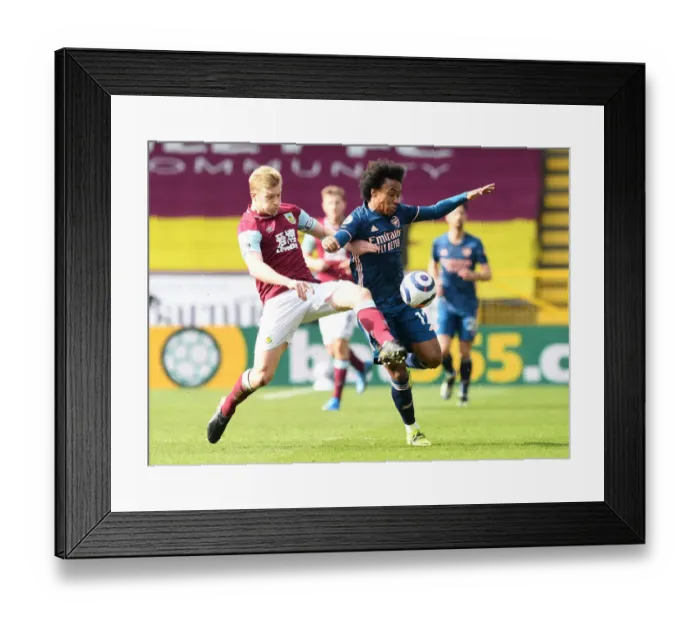 Framed Print : Willian vs Ben Mee: Burnley vs Arsenal, Premier League Clash Amidst Empty Stands (March 2021)