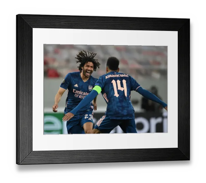 Framed Print : Arsenal's Elneny and Aubameyang Celebrate Goals in Empty Karaiskakis Stadium during Olympiacos Clash in Europa League Framed Print : Arsenal's Elneny and Aubameyang Celebrate Goals in Empty Karaiskakis Stadium during Olympiacos Clash in Europa League