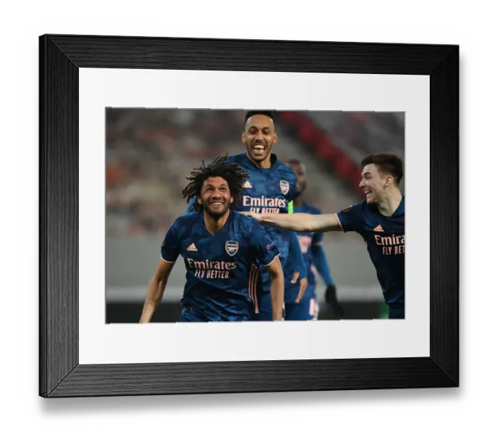 Framed Print : Arsenal's Europa League Triumph: Elneny, Aubameyang, and Tierney Celebrate 3-Goal Lead Over Olympiacos in Piraeus Framed Print : Arsenal's Europa League Triumph: Elneny, Aubameyang, and Tierney Celebrate 3-Goal Lead Over Olympiacos in Piraeus