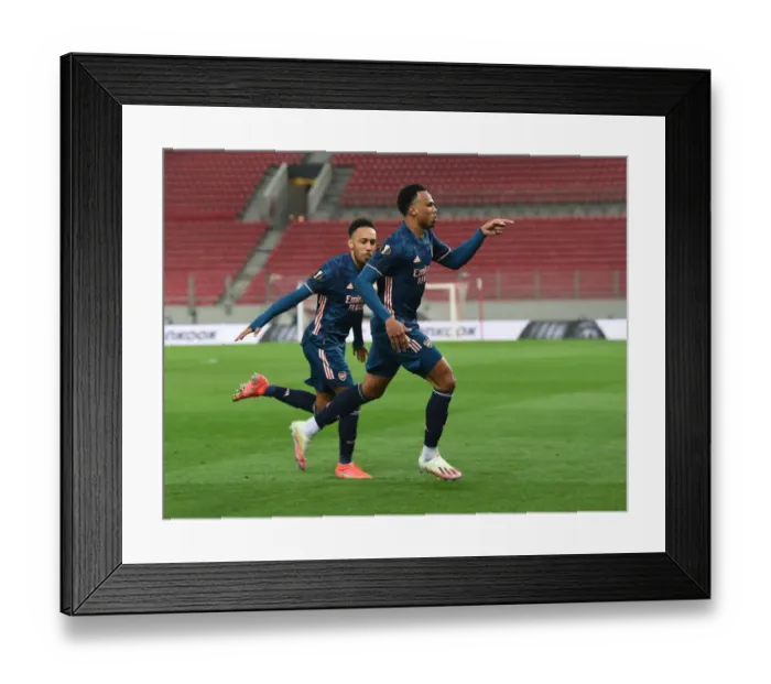 Framed Print : Arsenal's Gabriel and Aubameyang Celebrate Empty Europa League Goals (Olympiacos v Arsenal 2021)