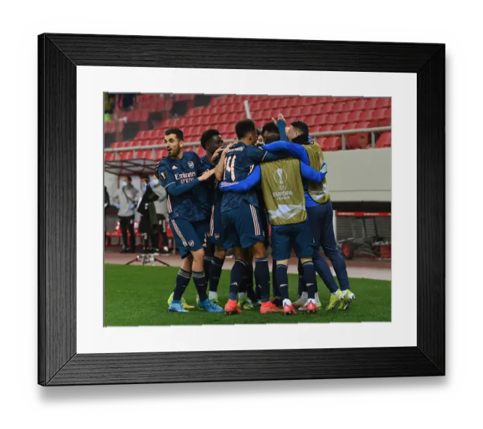 Framed Print : Arsenal's Gabriel Scores Second Goal in Empty Karaiskakis Stadium Against Olympiacos - Europa League Round of 16, First Leg