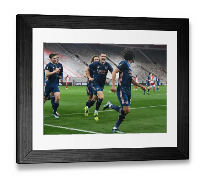 Framed Print : Arsenal's Elneny, Xhaka, and Tierney Celebrate Goals in Empty Karaiskakis Stadium during Olympiacos vs Arsenal, UEFA Europa League Round of 16 (March 11, 2021) Framed Print : Arsenal's Elneny, Xhaka, and Tierney Celebrate Goals in Empty Karaiskakis Stadium during Olympiacos vs Arsenal, UEFA Europa League Round of 16 (March 11, 2021)