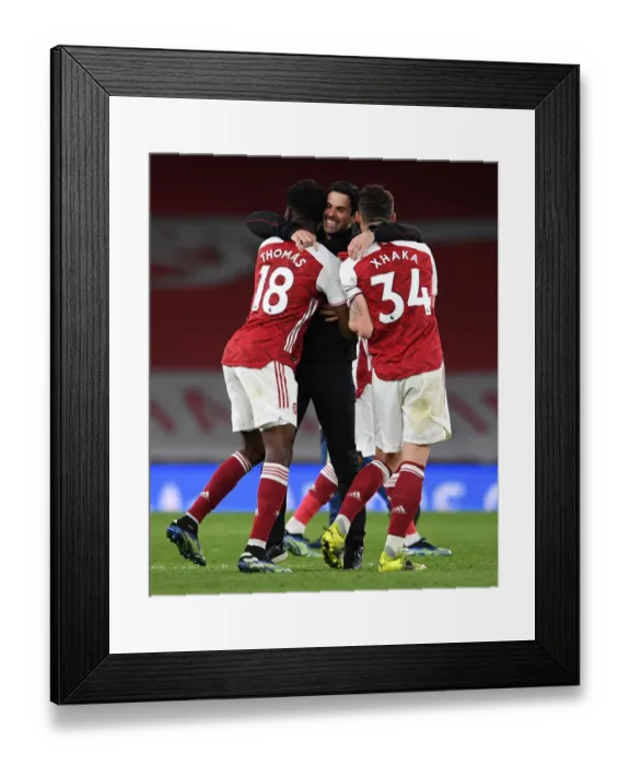 Framed Print : Arsenal's Mikel Arteta Celebrates with Partey and Xhaka after Arsenal vs. Tottenham Premier League Match