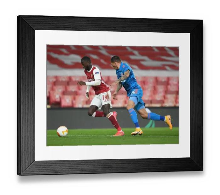 Framed Print : Arsenal vs Olympiacos: Pepe Clashes with Holebas in Empty Europa League Match, London, 2021