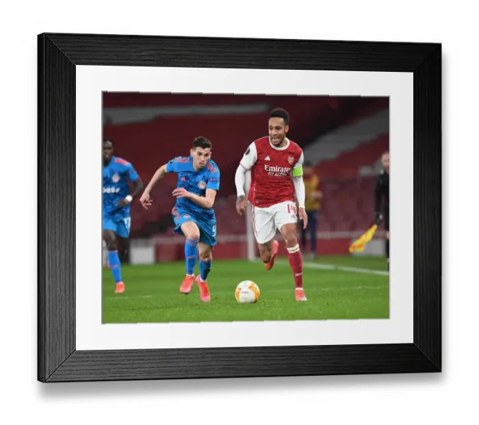 Framed Print : Arsenal's Aubameyang Scores Alone: UEFA Europa League Round of 16 (2020-21) at Empty Emirates