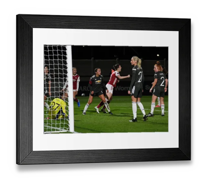 Framed Print : Arsenal Women's Historic Victory: Lotte Wubben-Moy Scores Second Goal Against Manchester United in Empty Meadow Park Framed Print : Arsenal Women's Historic Victory: Lotte Wubben-Moy Scores Second Goal Against Manchester United in Empty Meadow Park