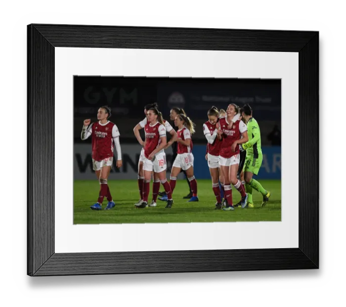 Framed Print : Arsenal Women Celebrate Historic Victory Over Manchester United in Empty Meadow Park
