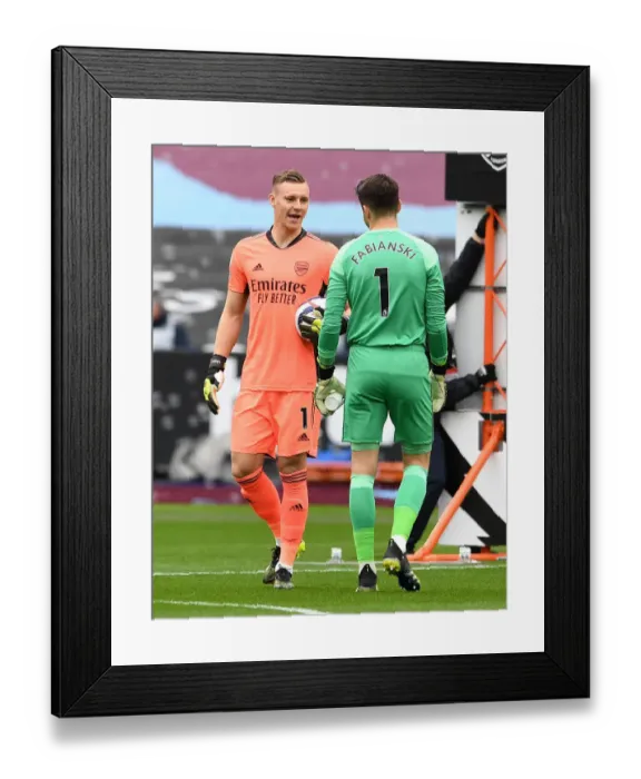 Framed Print : Arsenal's Bernd Leno and Lukasz Fabianski Pre-Match Chat at West Ham United Framed Print : Arsenal's Bernd Leno and Lukasz Fabianski Pre-Match Chat at West Ham United