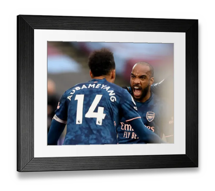 Framed Print : Alexandre Lacazette and Pierre-Emerick Aubameyang Celebrate Arsenal's Goals Against West Ham United in Premier League