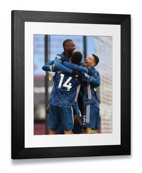 Framed Print : Triumphant Arsenal Threesome: Lacazette, Pepe, Aubameyang Celebrate Three Goals Against West Ham Framed Print : Triumphant Arsenal Threesome: Lacazette, Pepe, Aubameyang Celebrate Three Goals Against West Ham