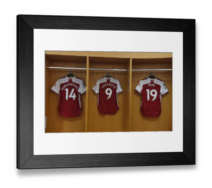 Framed Print : Arsenal's Empty Changing Room: Aubameyang, Lacazette, Pepe Await Liverpool Showdown (Arsenal v Liverpool, 2021)