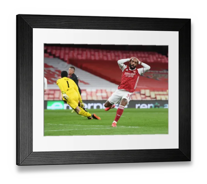 Framed Print : Heartbreaking Crossbar Hit: Lacazette's Missed Goal in Arsenal's Quiet Europa League Quarterfinal vs Slavia Praha