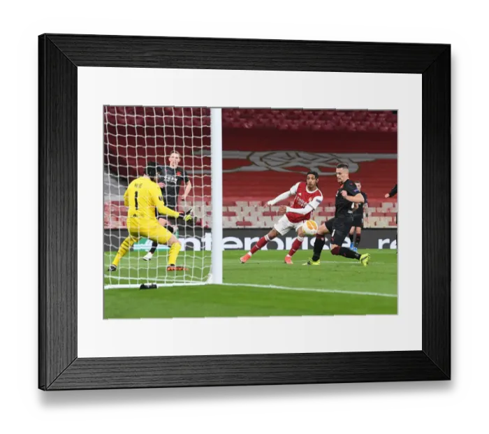 Framed Print : Arsenal's Aubameyang Scores in Empty Emirates: Arsenal FC vs Slavia Praha, UEFA Europa League Quarterfinal (April 2021)