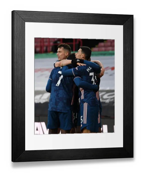 Framed Print : Lacazette, Martinelli, and Xhaka's Triumphant Goal Celebration: Sheffield United vs. Arsenal, Premier League 2020-21
