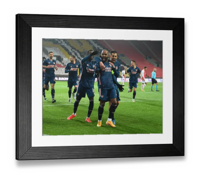 Framed Print : Alex Lacazette Scores in Empty Eden Arena: Arsenal Advances to Europa League Semifinals vs. Slavia Prague (April 15, 2021)