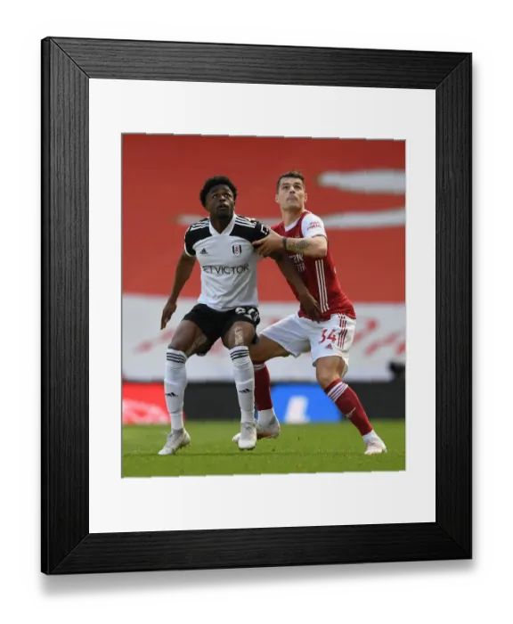 Framed Print : Arsenal vs Fulham: Xhaka Clashes with Maja in Empty Emirates Stadium - Premier League 2020-21