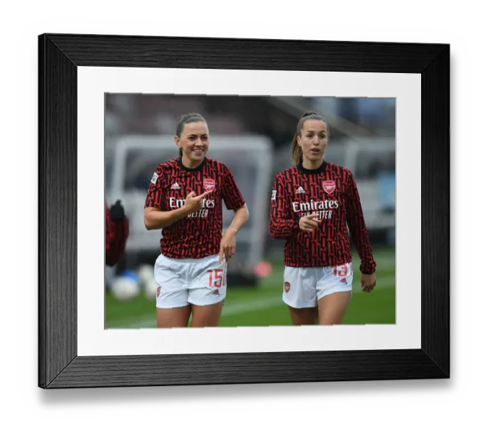 Framed Print : BOREHAMWOOD, ENGLAND - APRIL 28: Katie McCabe and Lia Walti of Arsenal before the Barclays FA Womens Super League match Framed Print : BOREHAMWOOD, ENGLAND - APRIL 28: Katie McCabe and Lia Walti of Arsenal before the Barclays FA Womens Super League match