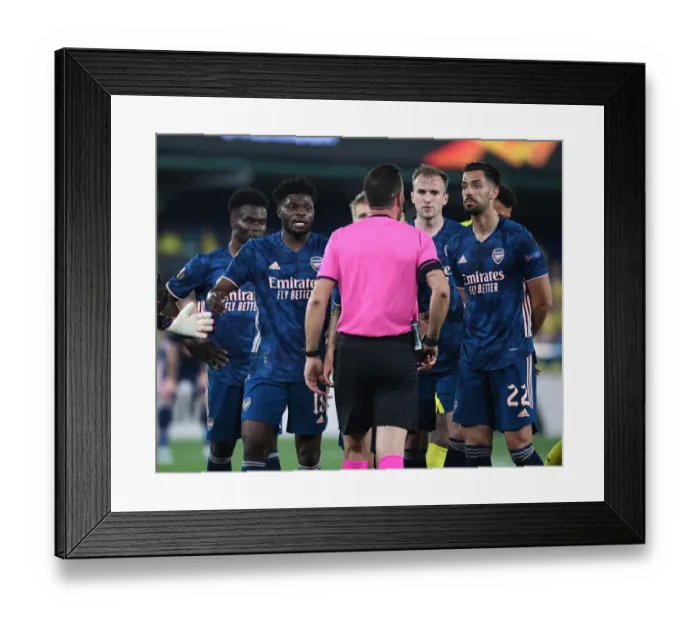 Framed Print : Villarreal vs. Arsenal: Thomas Partey and Pablo Mari Protest Dani Ceballos Red Card in Europa League Semi-Final Amidst Empty Stands